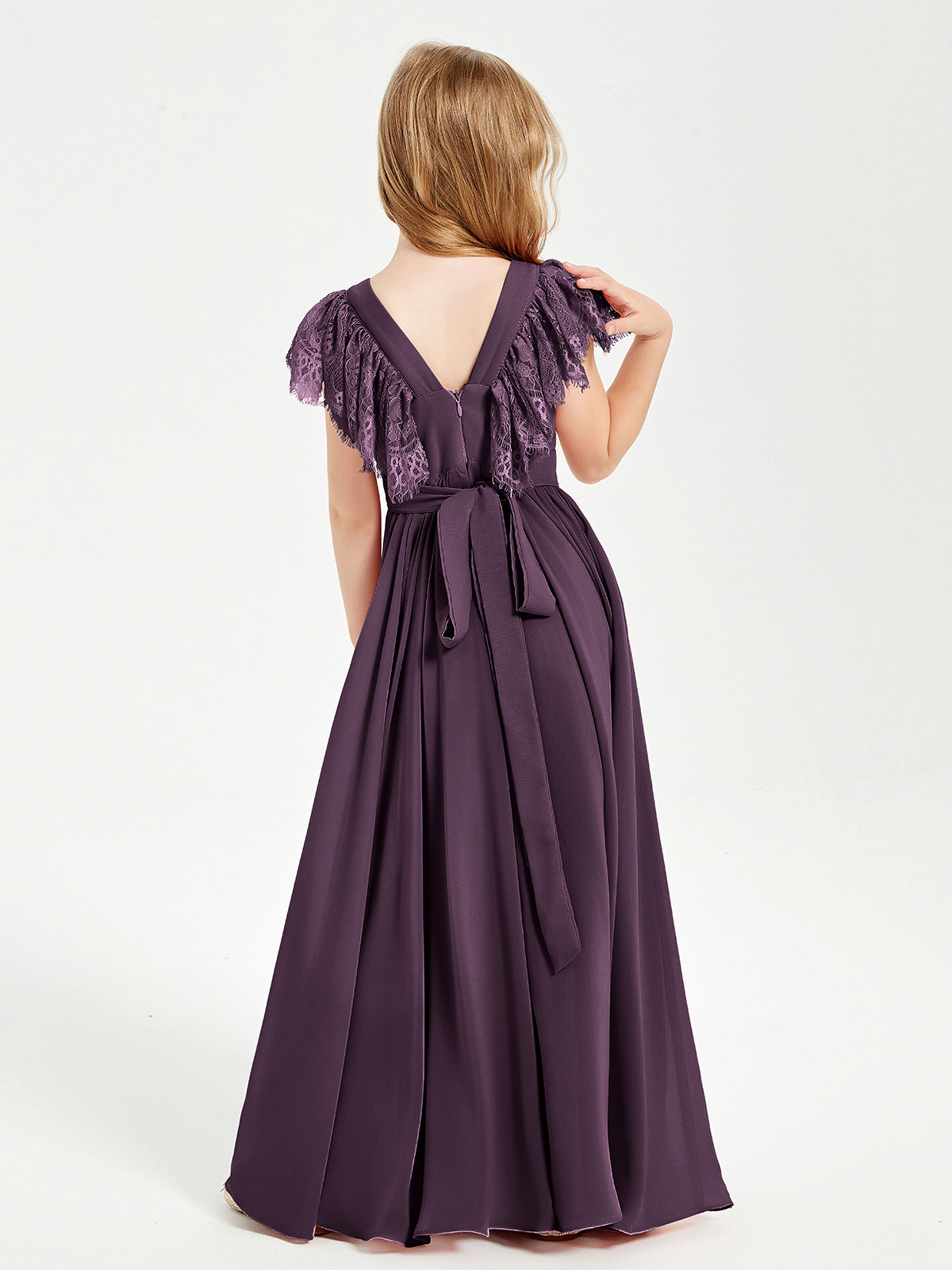 Chiffon Junior Bridesmaid Dresses with Lace Flutter Sleeves Plum